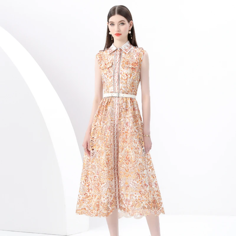 Vestido Largo Estampado sin Mangas con Cuello de Encaje Vintage y Cintura Ajustada, Primavera 2025, Fibra de Poliéster 00%, ...