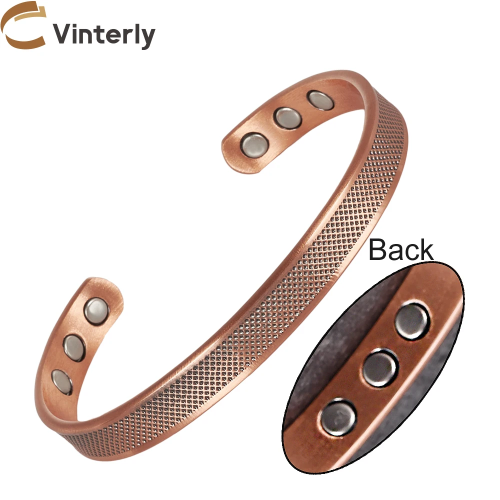 Vinterly Pure Copper Magnetic Bracelets Adjustable 8mm Wide High Magnet Open Cuff Bangle Vintage Health Energy Jewelry Resizable