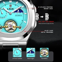 LIGE 2024 Reloj automático para Hombre, relojes de lujo de acero inoxidable a la moda, Reloj de pulsera Tourbillon luminoso resistente al agua para Hombre, Reloj para Hombre