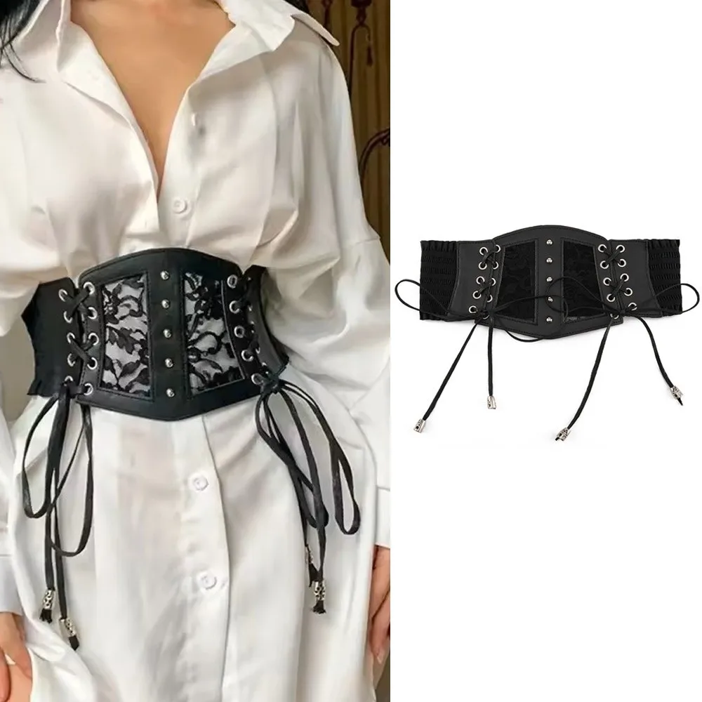 Cinture di pizzo alla moda Cintura larga elastica con fibbia ad ardiglione retrò per donna su abito a camicia
