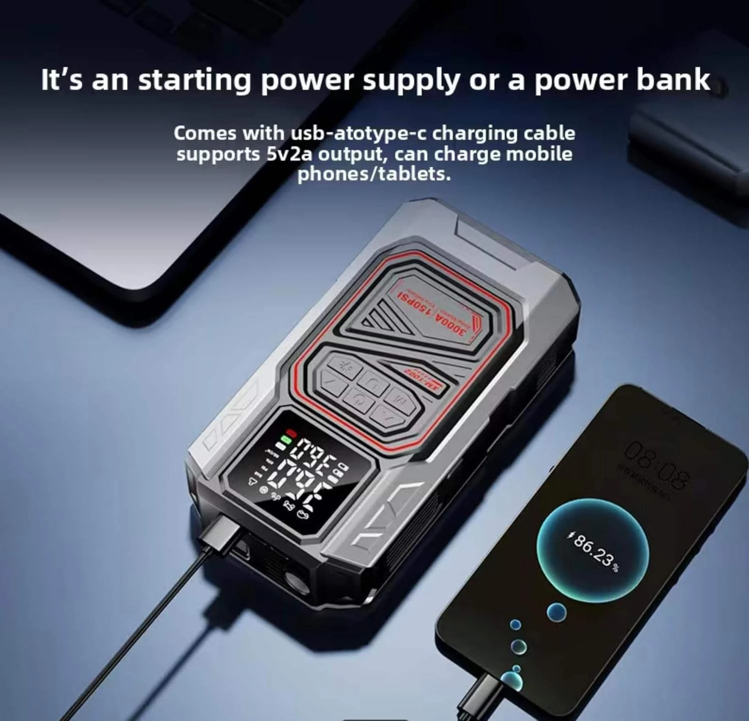4-in-1-Auto-Starthilfe mit Luftkompressor, 4000 A Spitzenleistung, Autobatterie-Booster, 150 PSI-Luftpumpe, tragbarer Powerbank, Reifenfüller – Detail 2