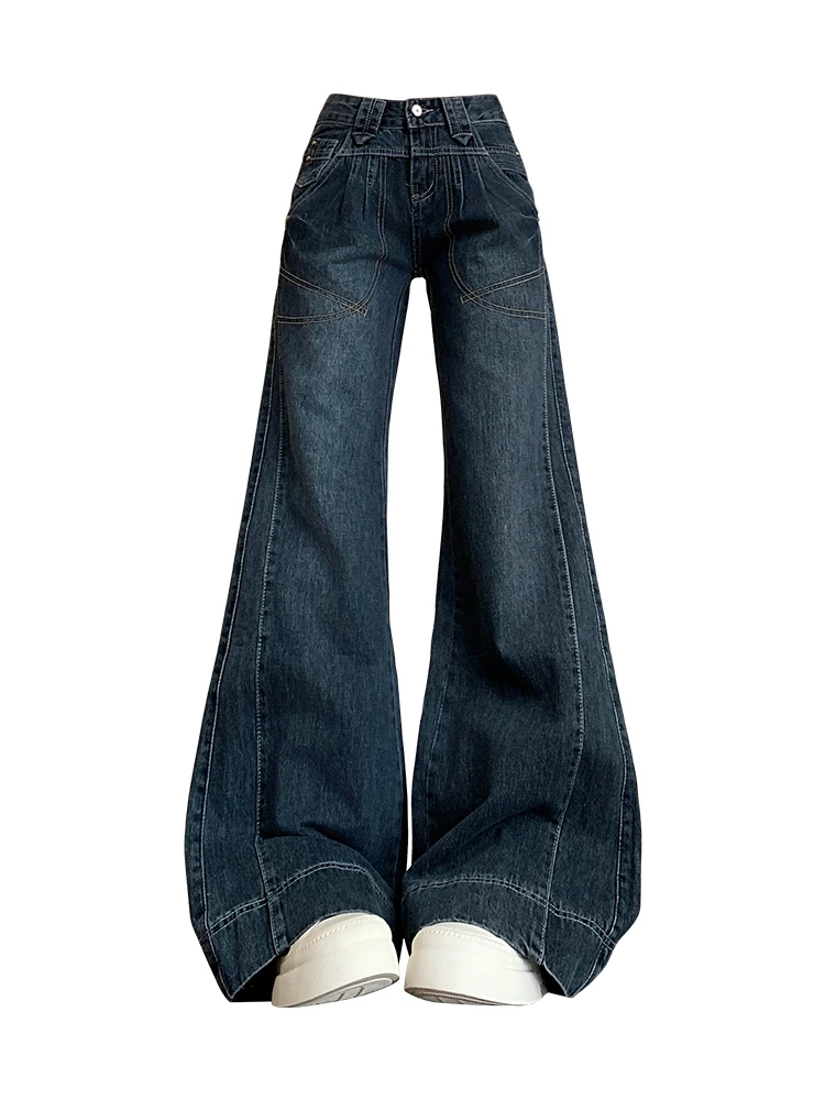 American Retro Low Waist Patchwork Micro Flared Jeans Women's Loose Slimming Wide Leg Pants Autumn High Street Design Sense