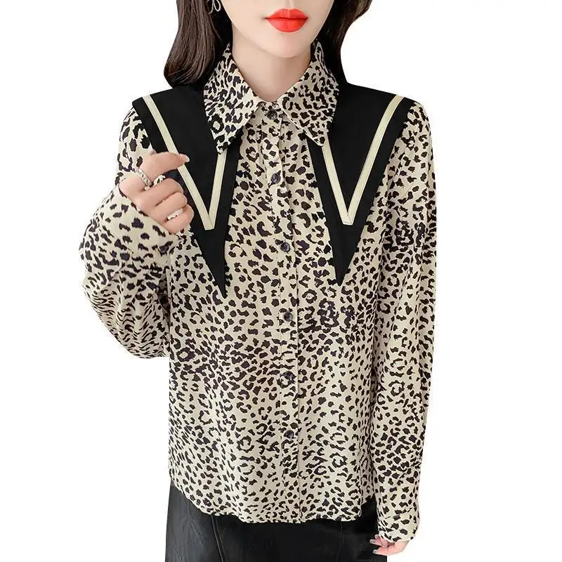 Autumn New Fashion Leopard Turn-down Collar Long Sleeve Blouse Ladies Temperament Buttons Patchwork Shirts Women Clothing Tops