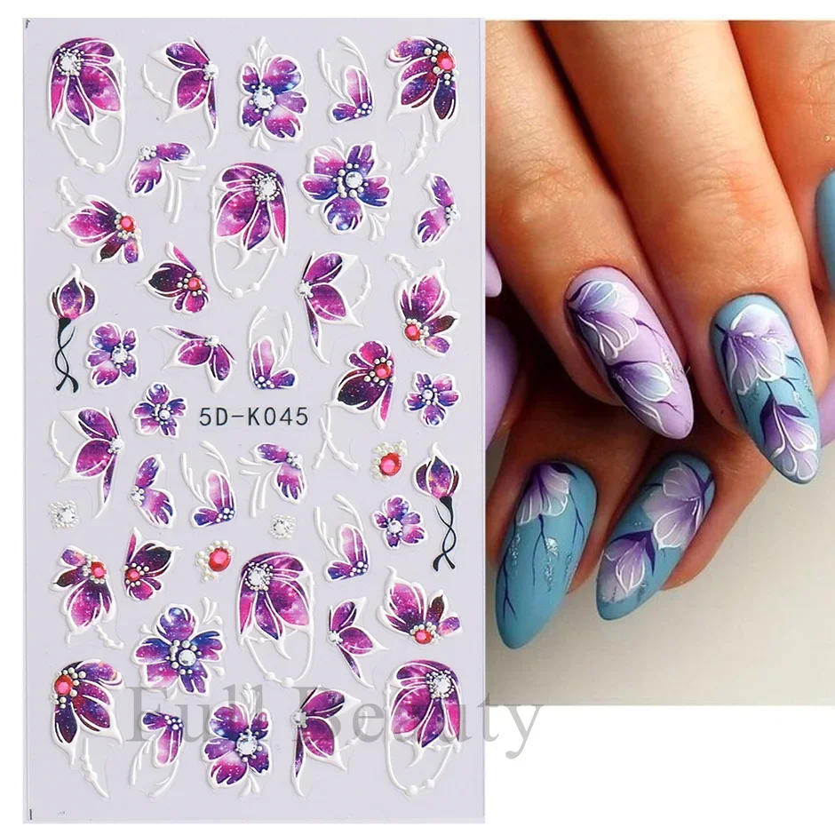 5D Embossed Petal Stickers Blue Purple Lace Flower Nail Art Design Engraved Acrylic Decals Elegant Decor Manicure SA5D-K046