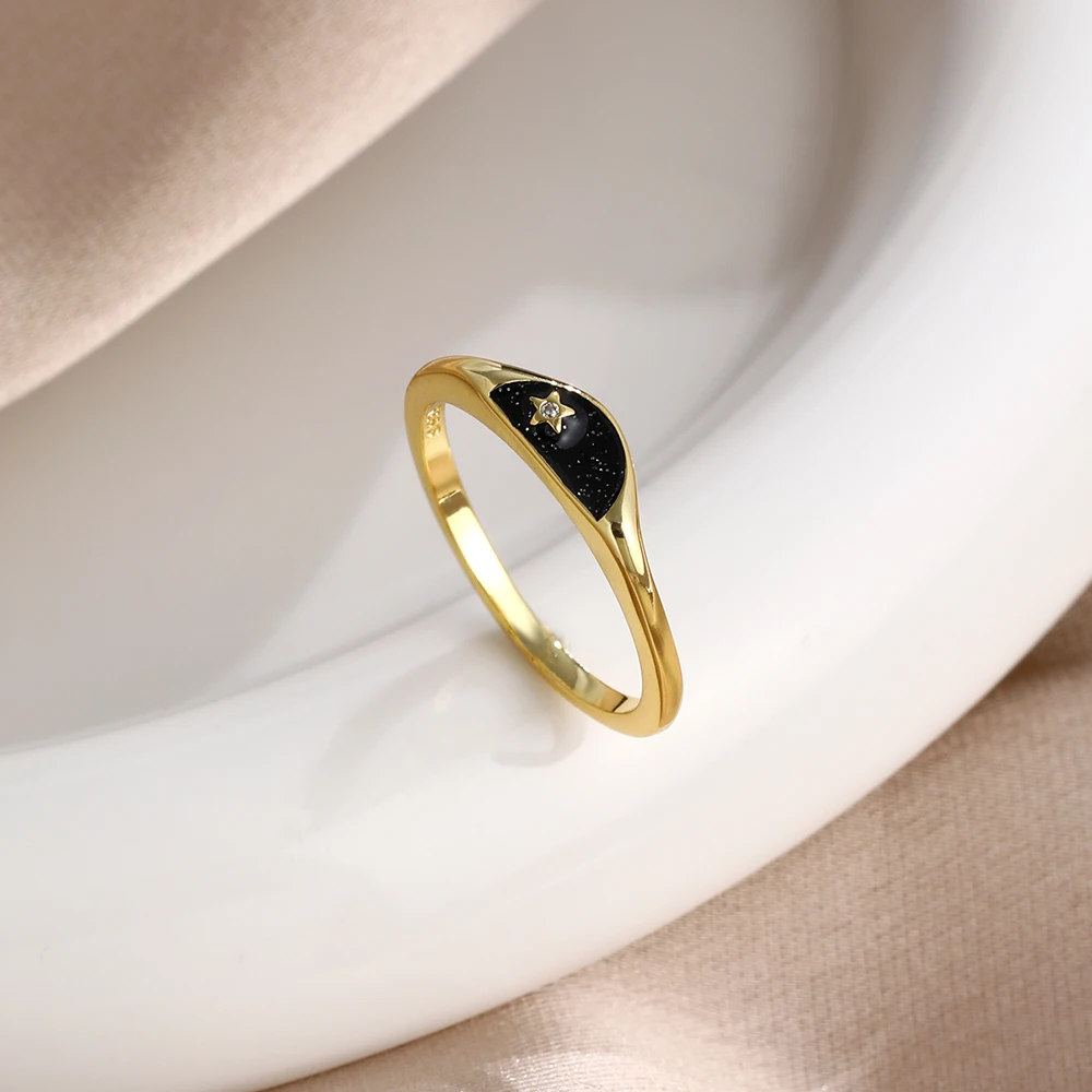 مجموعة خواتم زفاف أصلية من الفضة والنجوم والقمر باللونين الأبيض والأسود للنساء مجوهرات فاخرة وهدايا للحفلات من 1 دولار