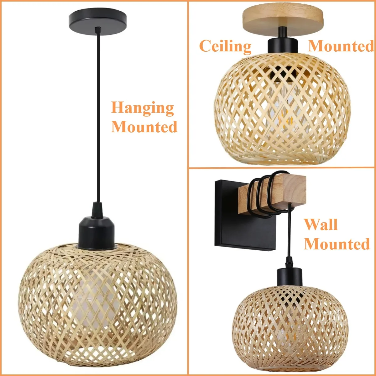 1pc Bohemian Bamboo Woven Lampshade Ceiling Lights, Small Rustic Handwoven Lampshade for Bedroom Kitchen Chandelier or Wall Lamp