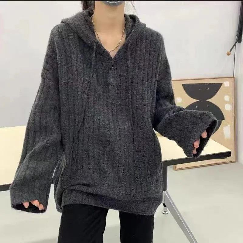 Fashion Loose Solid Knitted Women Pullover Casual Button Hooded Long Sleeve Sweater Fall Winter New Fashion Female Streetwear