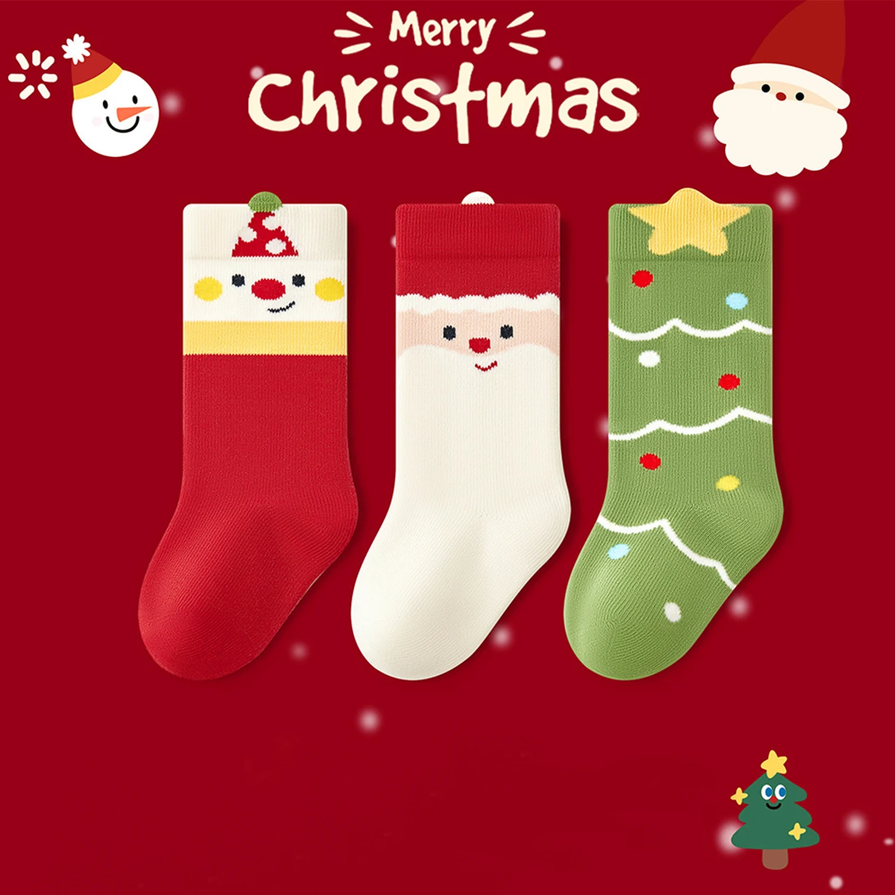 3Pair Children Christmas Socks Cotton Long Sock Cute Santa Claus Kids Over-the-knee Socks 2-5Year Baby Footwear Kids Calf Socks