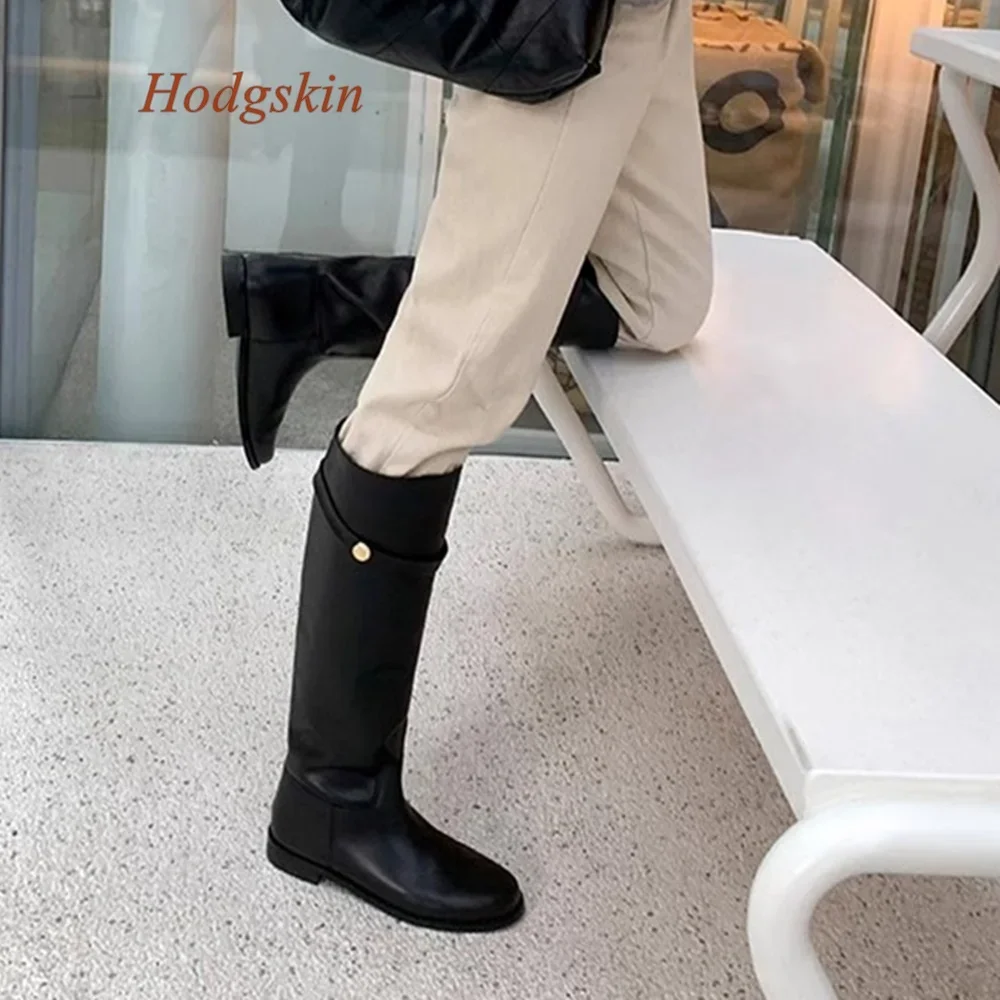 

2025 Newest Slip On Knee High Boots Flat with Genuine Leather Round Toe Solid Black Women Boots Fashion Runway Riding Boots