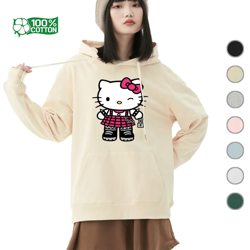

Punk Rock Hello Kitty Design Hoodie and Sweatshirt, Sanrio 100% Cotton Pullover, Soft Graphic Print Top Clothing Apparel