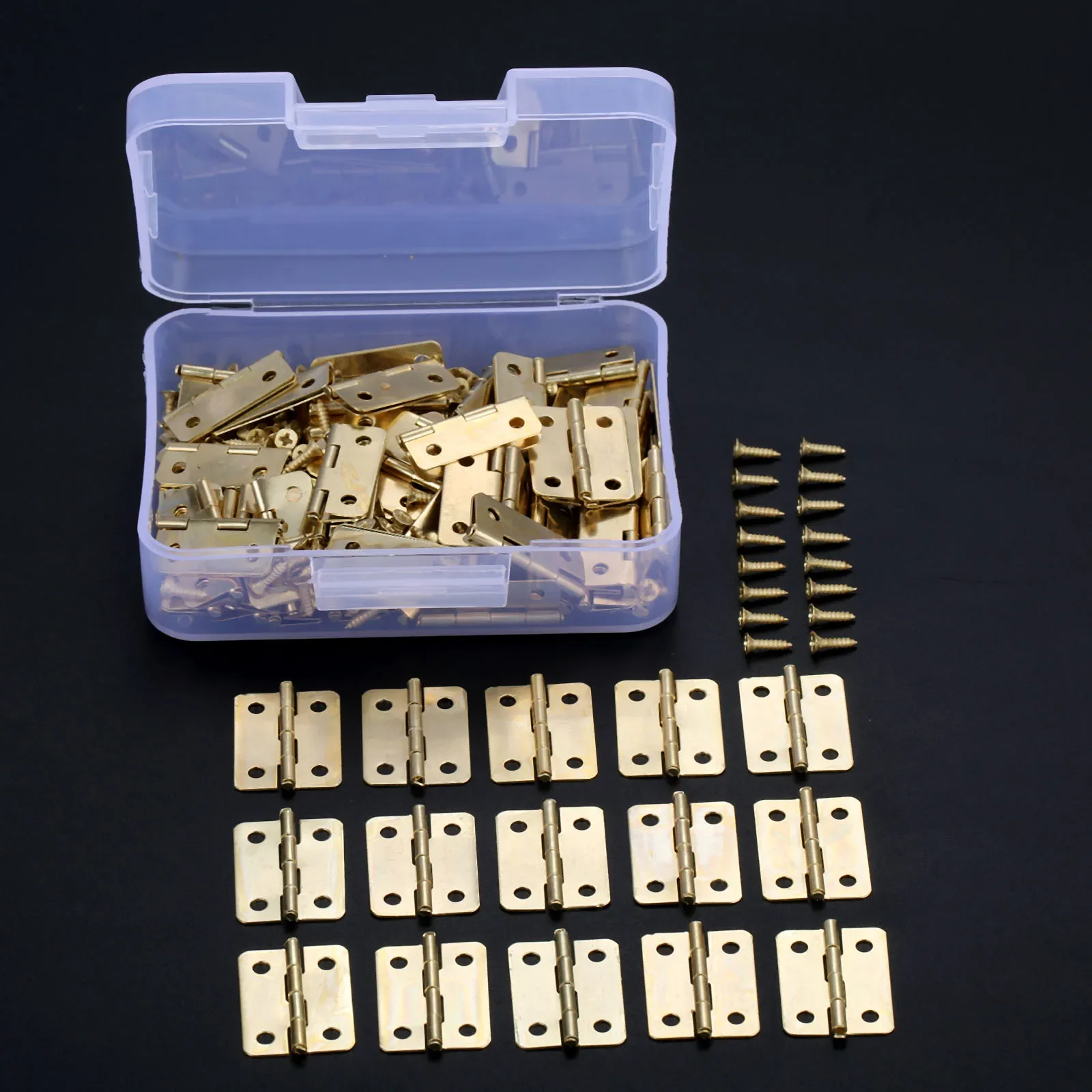 100 sztuk zawiasów + 400 śrub Żelazny złoty 4 otwory 23 * 19 mm Zawias do szafki zaokrąglony Mini meble Drewniane pudełko Sprzęt + futerał do przechowywania