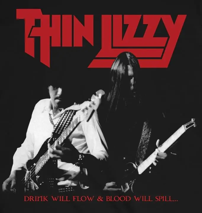 Thin Lizzy Drink Will Flow & Blood Will Spill Adult Black Short Sleeve T Shirt Rock Graphic Tees