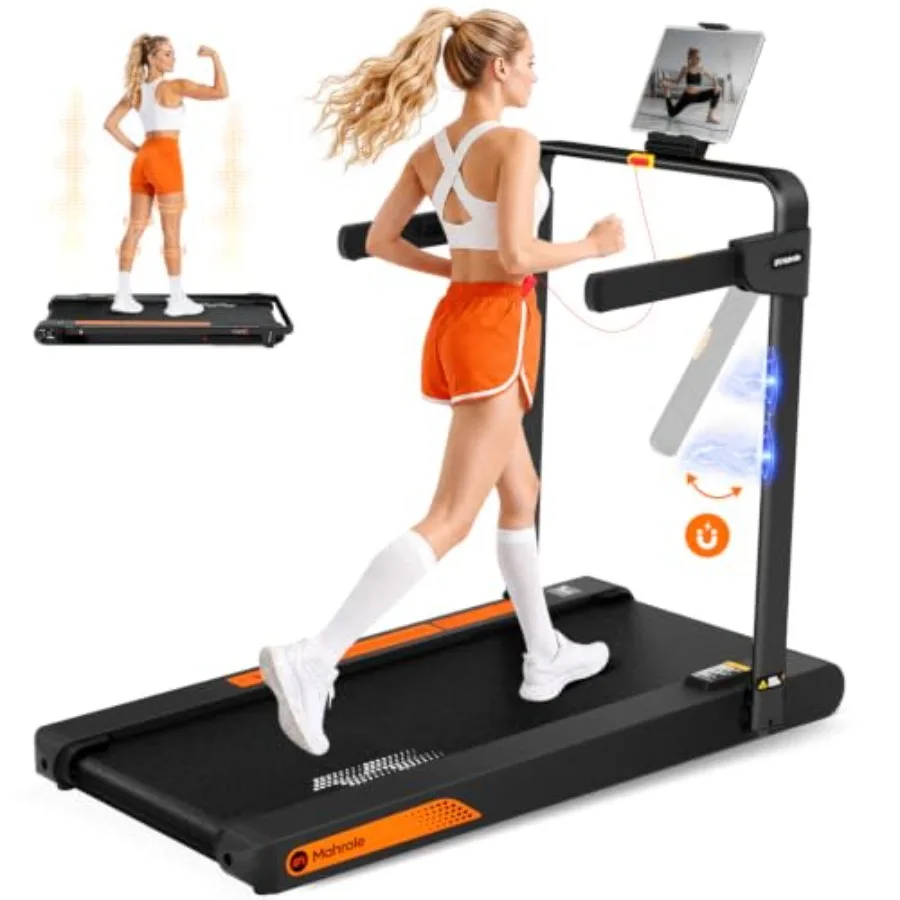 Walking Pad With Vibration Plate And Handle Bar For Home Use, Foldable Treadmill In Black, Compact Design With Quiet Motor
