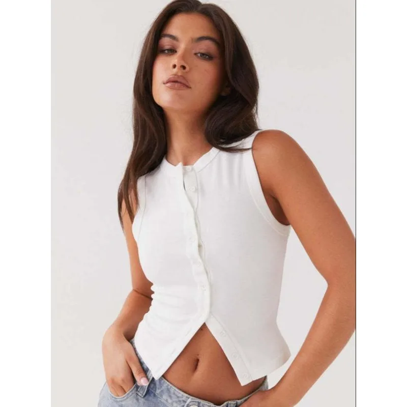 Плюс размер Новые женские топы на пуговицах спереди Повседневные топы с круглым вырезом без рукавов Slim Fit Жилет Модные женские вязаные укороченные топы в рубчик