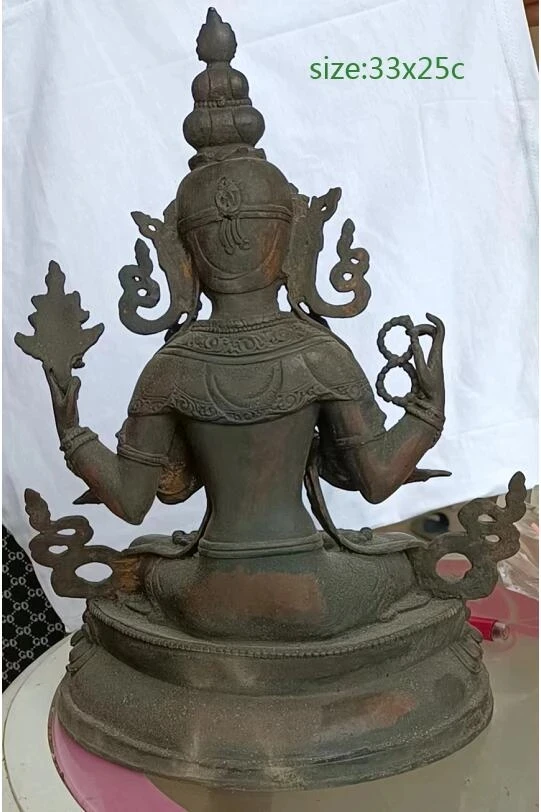 33CM Chinese Bronze Lotus 4 Hands Arms Chenrezig Buddha Statue Free Shipping