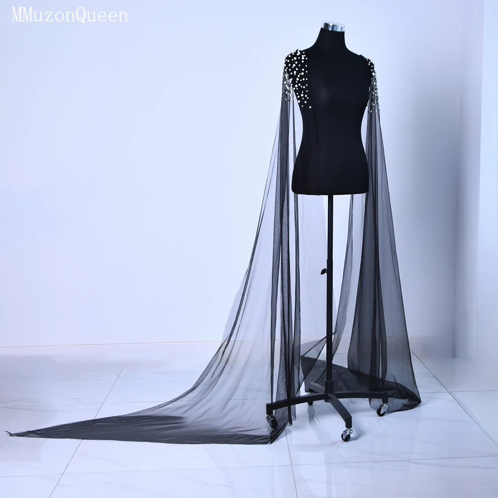 MMQ Black Bridal Bolero With Pearl Tulle Robe Bridal Cape Dresses Covers Shoulders Woman For Wedding DIY Customized MG42