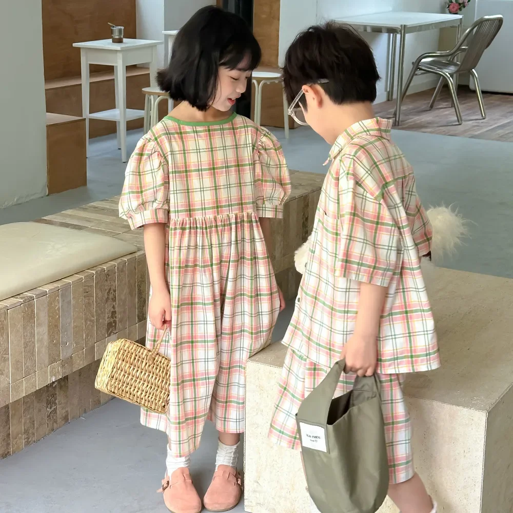 Children Clothing Suit 2024 Summer Korean Style Colored Plaid Dress Boys and Girls Casual Short-sleeved Shorts Two-piece Set