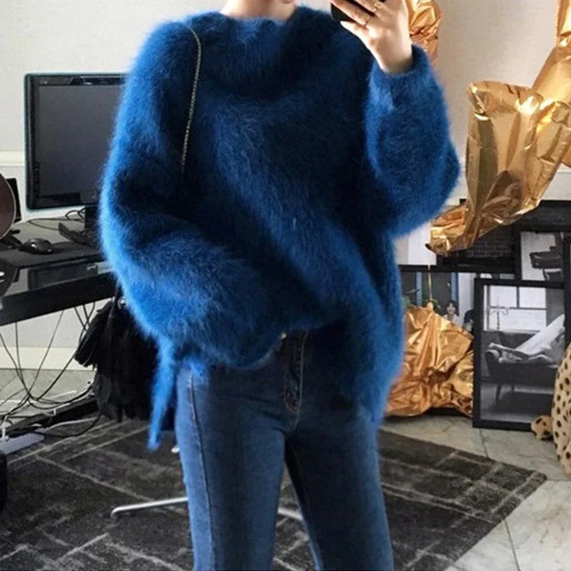 Autumn Solid Mohair Sweater Cashmere Women Rose Red Blue Fashion Winter Wool Plush Velvet Thick Pullover Knitted Tops Female