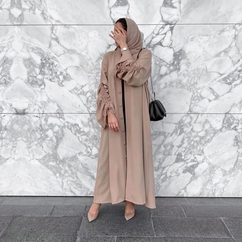 

Fashion Muslim Kimono Abaya Cardigan Spliced Style Drawstring Sleeves Ramadan Dress Dubai Turkey Eid Islamic Loose Comfortable