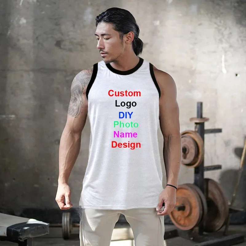 Diy Logo Foto Uw Eigen Ontwerp Aangepaste Zomer Mens Mesh Gym Kleding Bodybuilding Fitness Tank Tops Spier Mouwloos Shirt