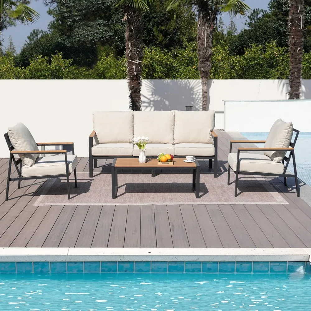 مجموعة أثاث الفناء، مجموعة أثاث خارجي مكونة من 4 قطع مع ظهر مرتفع ومسند للذراع من الخشب الصناعي وسطح الطاولة، خارجي C