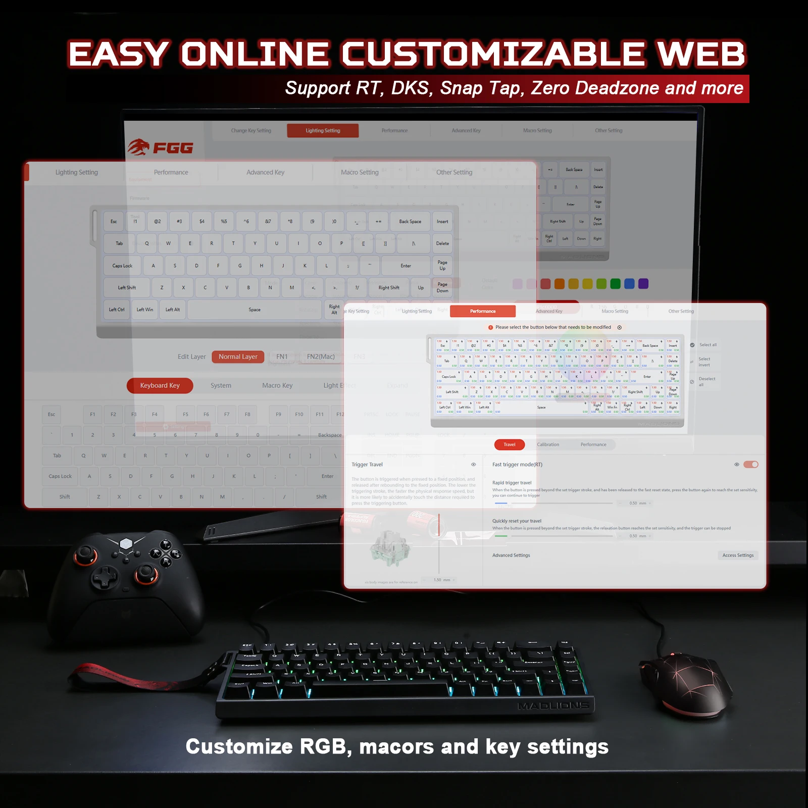 YUNZII x MADLIONS MAD68 HE لوحة مفاتيح مغناطيسية للألعاب باللون الأسود السريع، لوحة مفاتيح سلكية بنسبة 65% بتأثير القاعة 8K، تشغيل قابل للتعديل