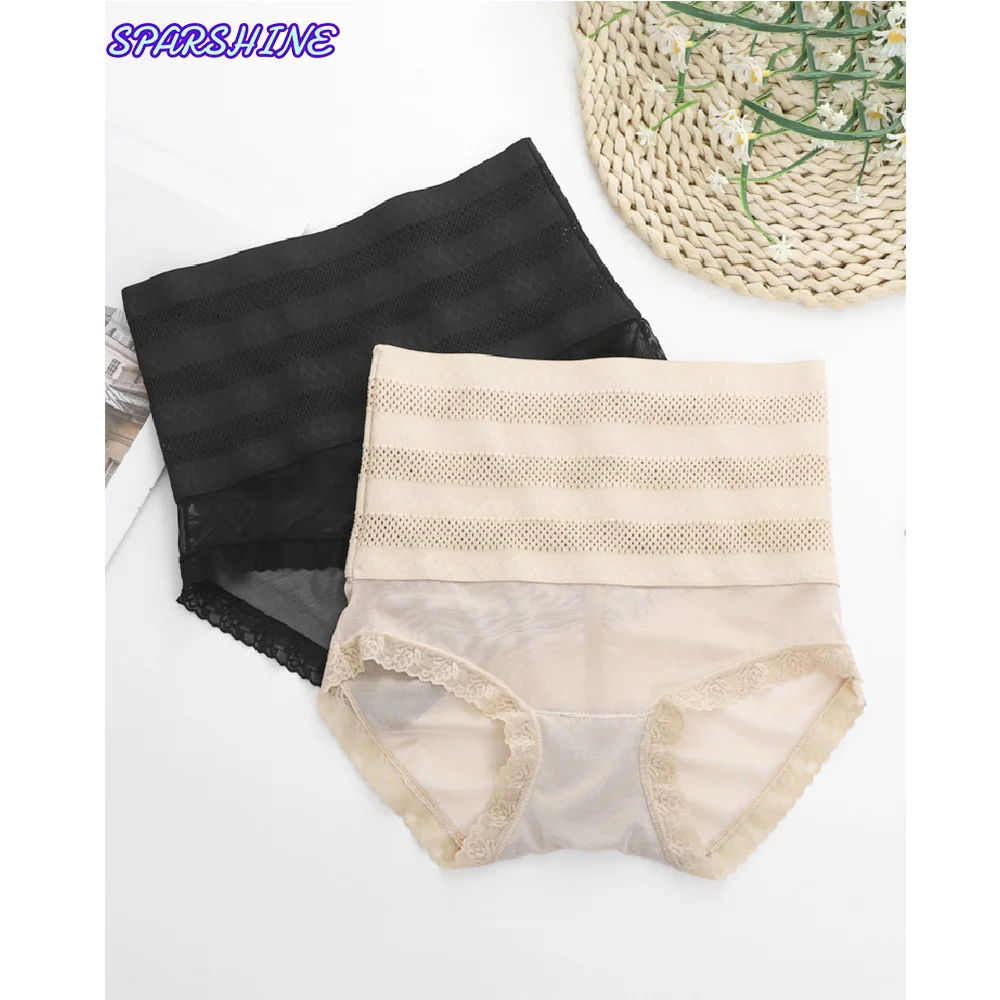 Lace edge hip lifting underwear waist cinching postpartum abdominal pants mesh breathable high waisted women triangle underwear