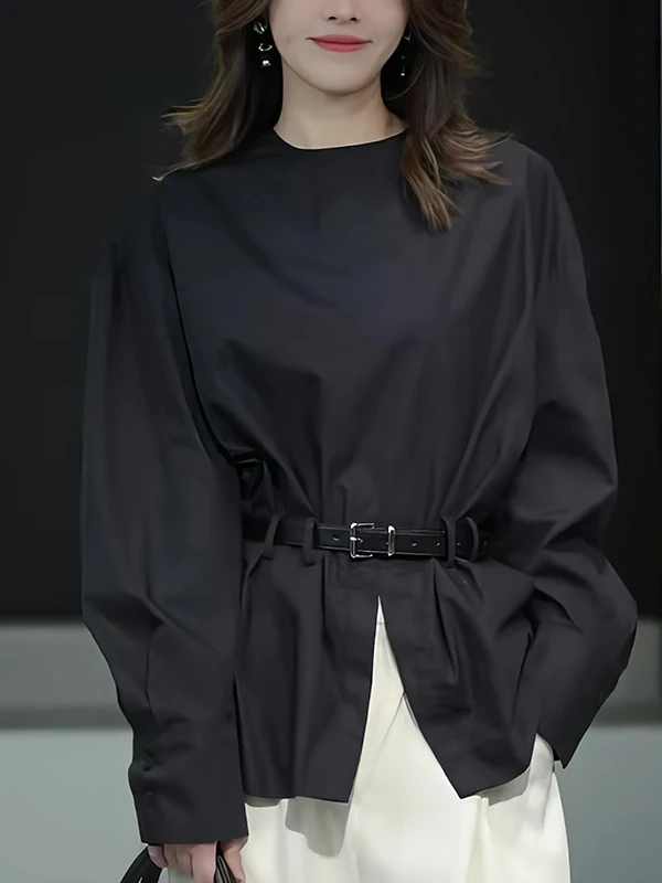 

Bla round Ne irt Split Hem Design Autumn Winter Women's Sle Simple Ele ular Casual Loose Fit Korean Version