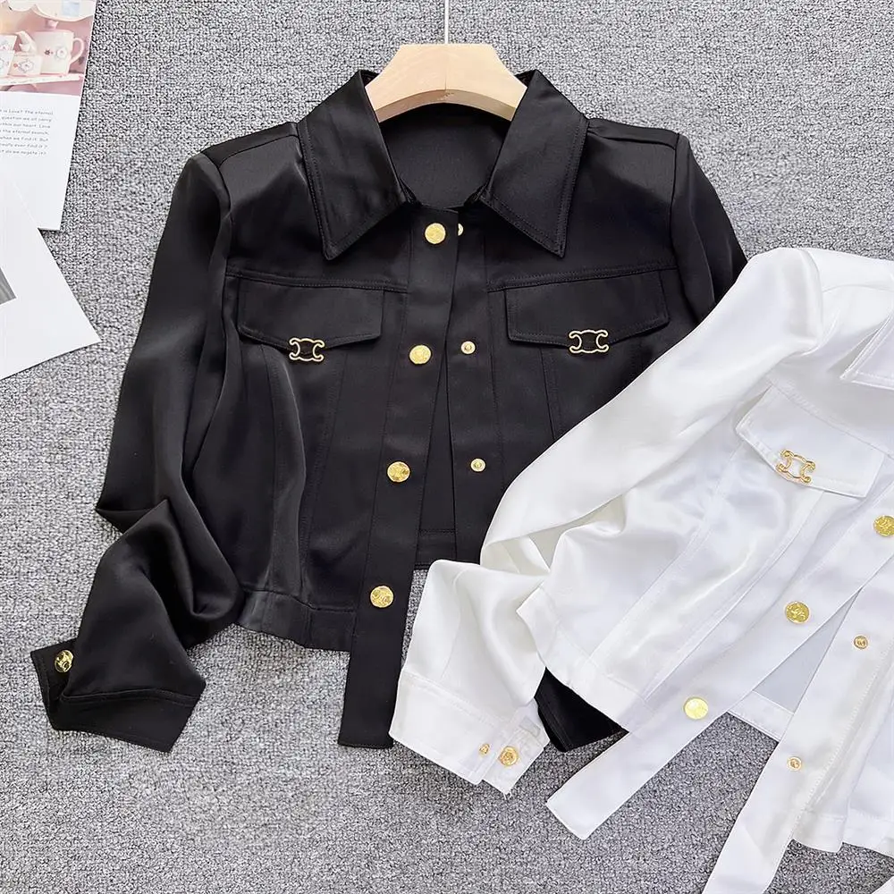 Francês elegante blusa de cetim jaqueta feminina ácido acético manga longa camisa curta topos senhora do escritório moda doce vintage streetwear