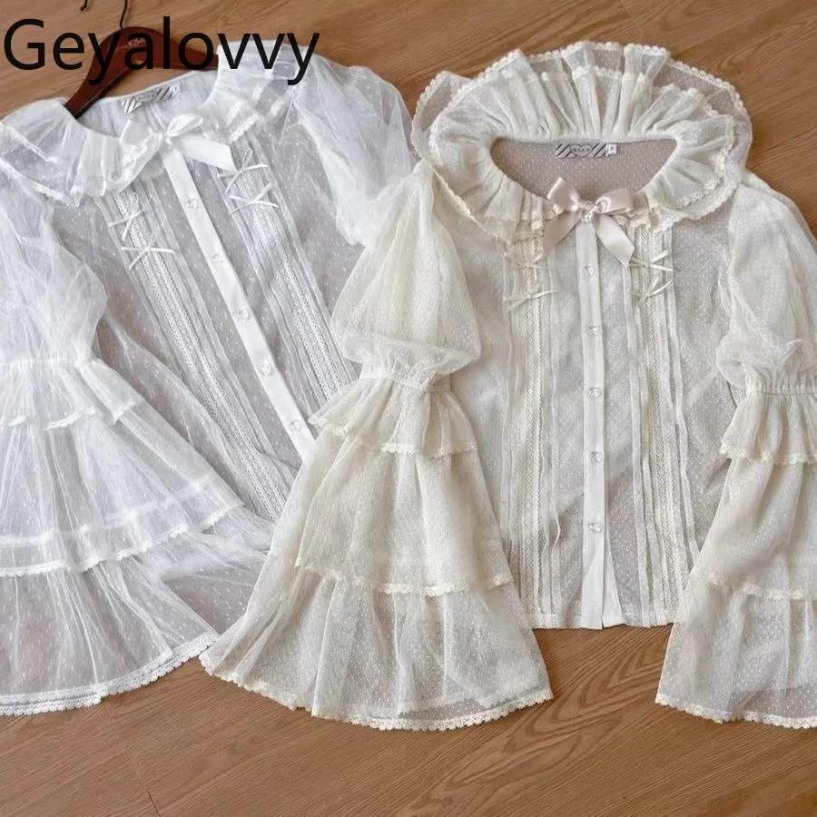 لوليتا الحلو لطيف الفتيات تنوعا قميص طويل الأكمام النمط الياباني بلون بلوزة جولة الرقبة Bowknot القمم الداخلية للنساء #3