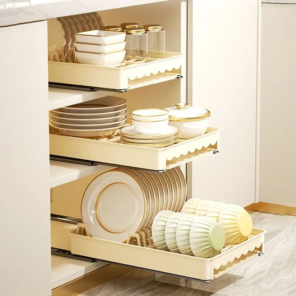 

Plastic Pull Out Dish Rack Punch-free Built-In Drawer-type Plate Drain Rack Space Saving with Drainboard Dish Holder Under Sink