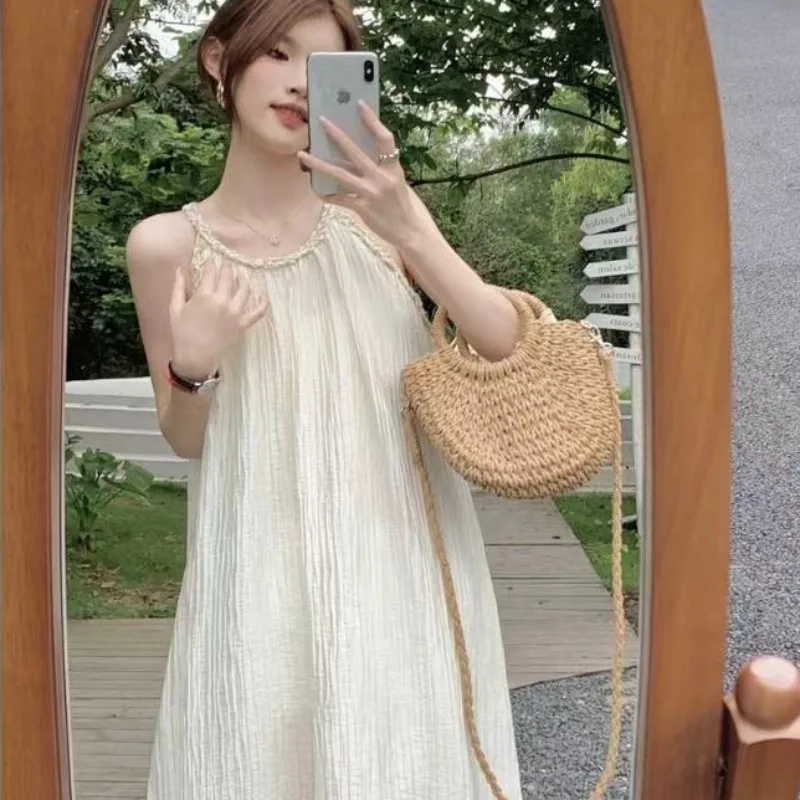 

Halterneck Slip Dress Casual Summer Vacation New Loose Sleeveless A-lineskirt Pullover Off-the-shoulder Middle Length Dresses