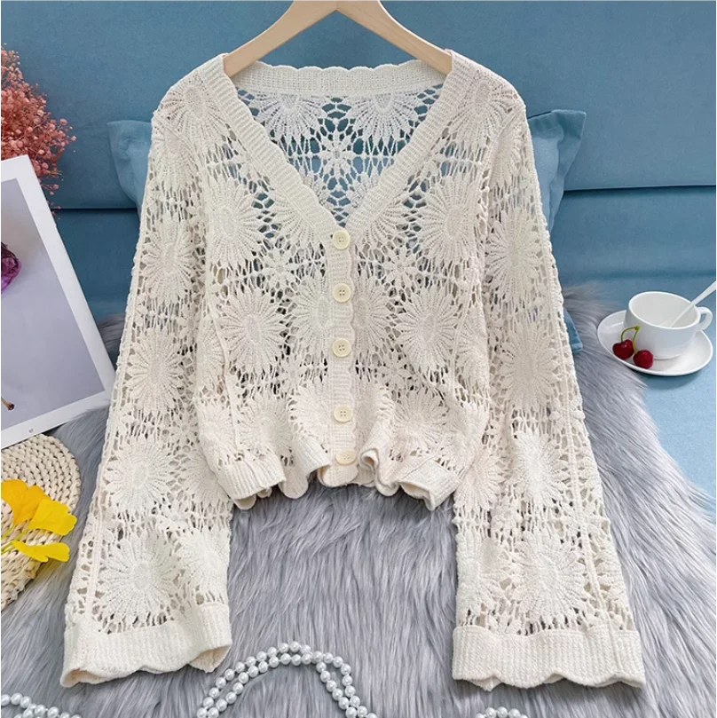

Spring Summer Long Sleeve Cardigan Knitted Shirt Sweet Hook Flower Hollow Out Tops Single Breasted Women Ebroidery Blouse