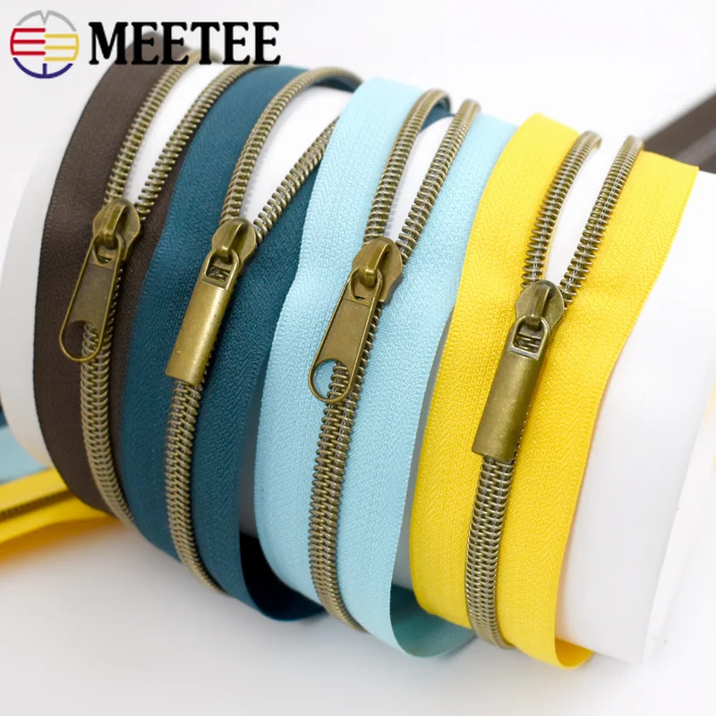 5/10M 5# Bronze Nylon Zippers Tape with Zipper Sliders Bag Closure Zip Roll Clothing Replace Zips Heads DIY Sewing Accessories