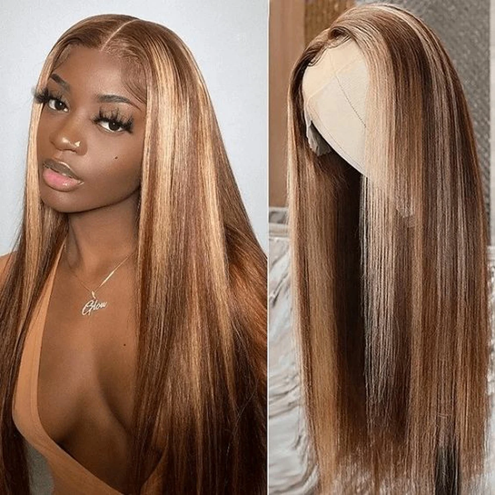 

Highlight Brown Bone Straight 13X6 Lace Front Wig Human Hair Wigs For Women Pre Plucked Honey Blonde Colored Cheap Hair Wigs