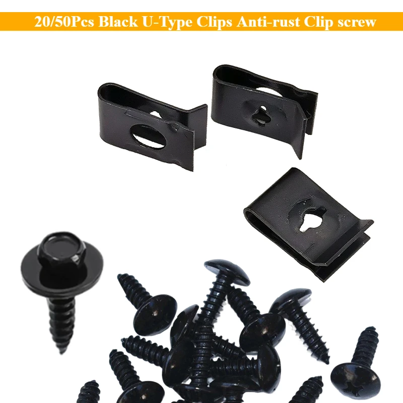 20/50Pcs Black U-Type Clips Anti-rust Clip screw Car Motorcycle Scooter Moped Cover Metal Retainer Self-tapping Bumper Fastener