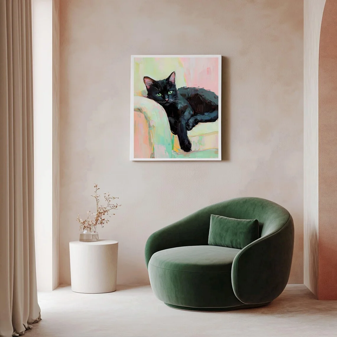 Unframe Impressionist Black Cat Wall Print - Textured Oil Painting of a Black Cat with Green Eyes, Lounging on a Soft Pastel Cha