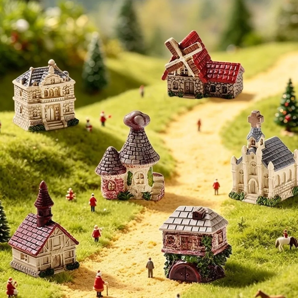 8pcs Resin Christmas Miniature Houses Set Mushroom DIY Micro Landscape Decor Mini House Windmill Dollhouse Ornament Collectible