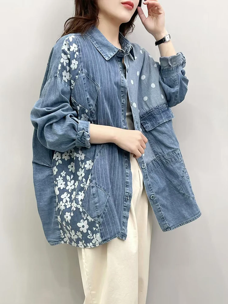 Max LuLu Autumn Korean Printed Clothes Womens Fashion Loose Striped Denim Shirts Ladies Leisure Floral Blouses Classic Dot Tops