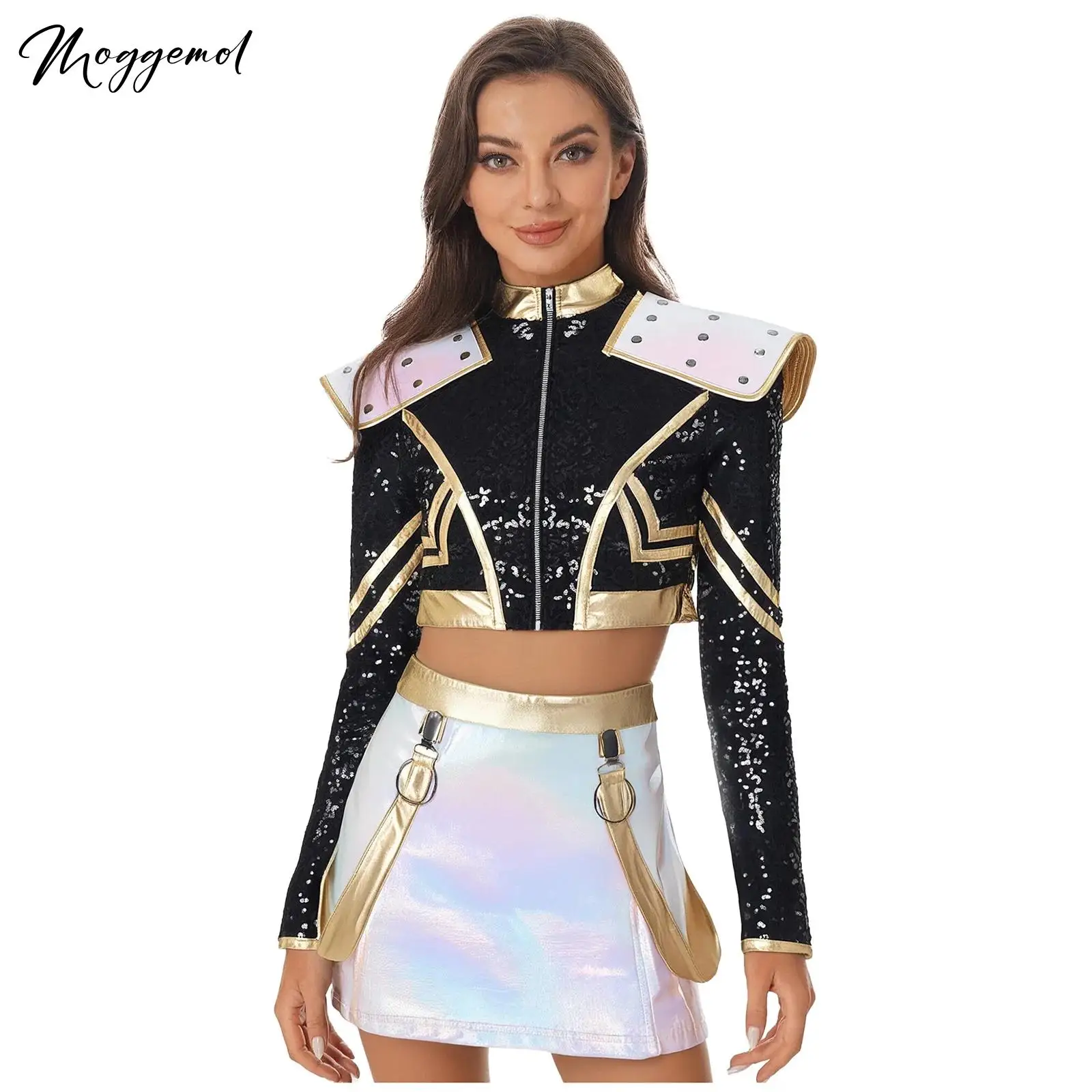 Disfraz de demonio de 2 piezas para mujer, traje de cosplay de Halloween, chaqueta corta de manga larga con minifalda metálica brillante para fiesta en escenario