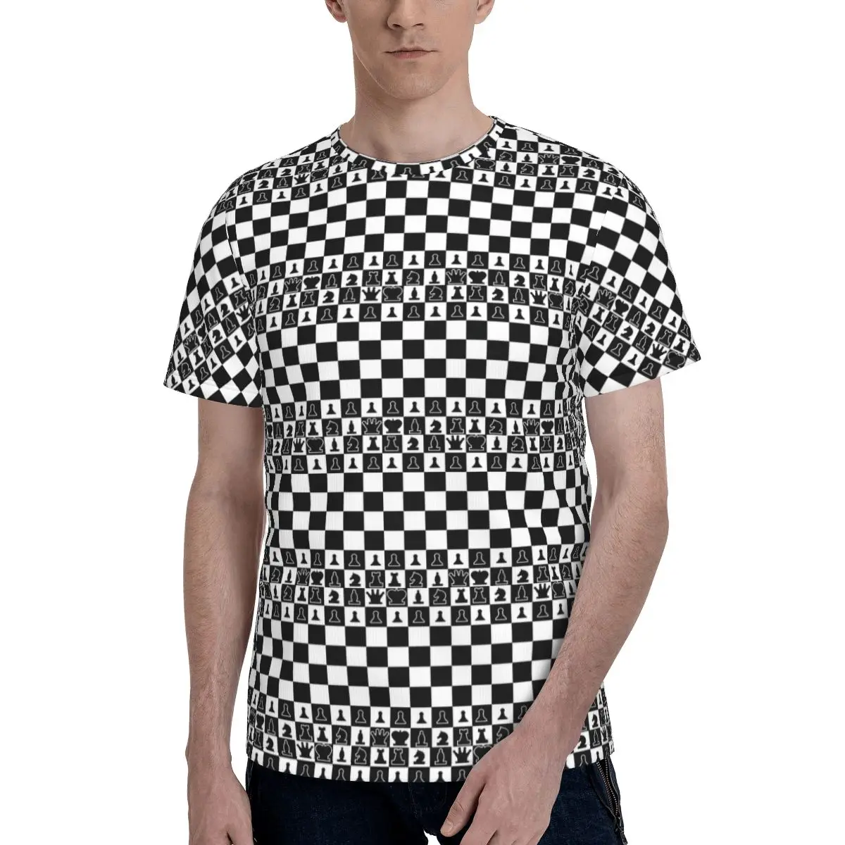 Chess Board Black And White Grid Checkered T-Shirt for Men Cotton T Shirts Men's Short Sleeve Round Neck Summer Clothes Tops