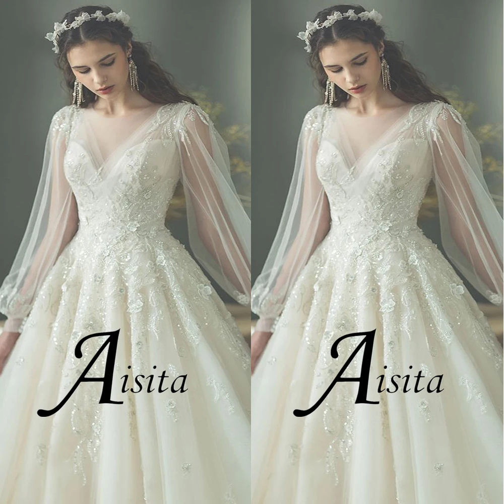 Simples decote em v tule vestido de casamento marfim rendas apliques lanterna manga uma linha vestido de noiva para tamanho personalizado vestidos de novia