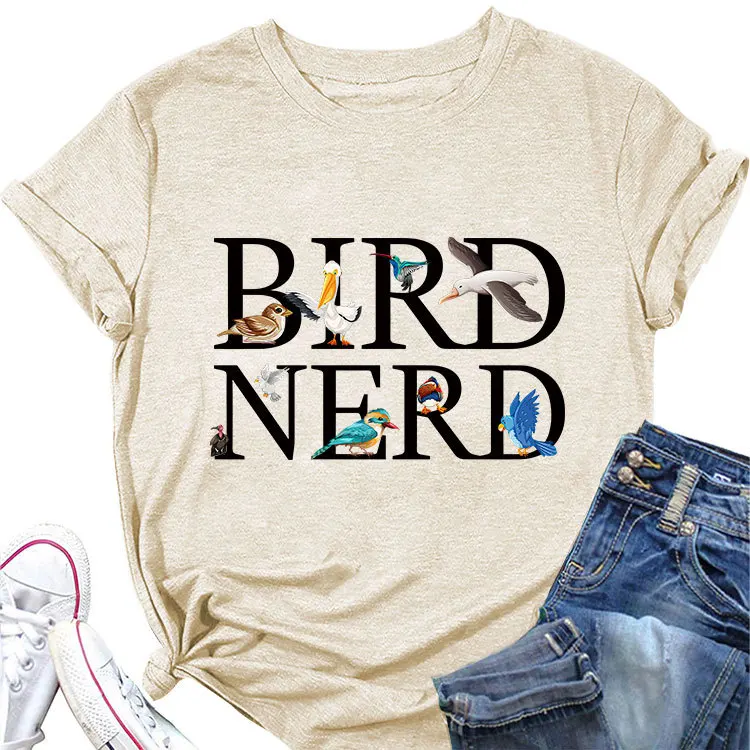 New summer fashion short-sleeved T-shirt Bird Nerd Tee printed casual women's crew-neck top with pullover