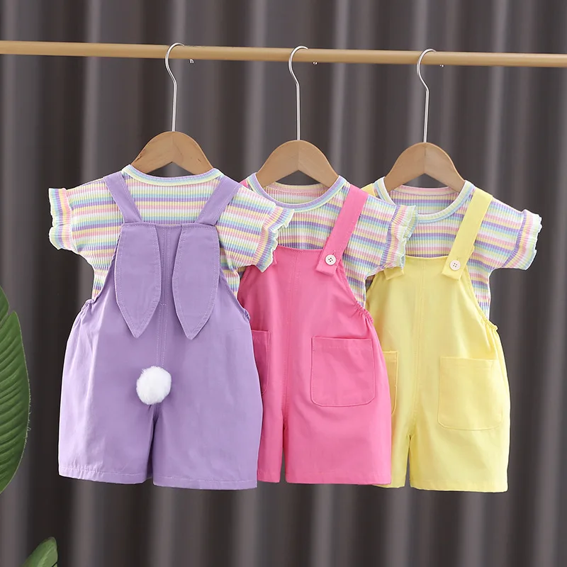 1 2 3 4 5 Years Summer Girls Clothing Sets Striped Top + Overalls 2Pcs Little Princess Suits Birthday Gift Children\'s Clothing