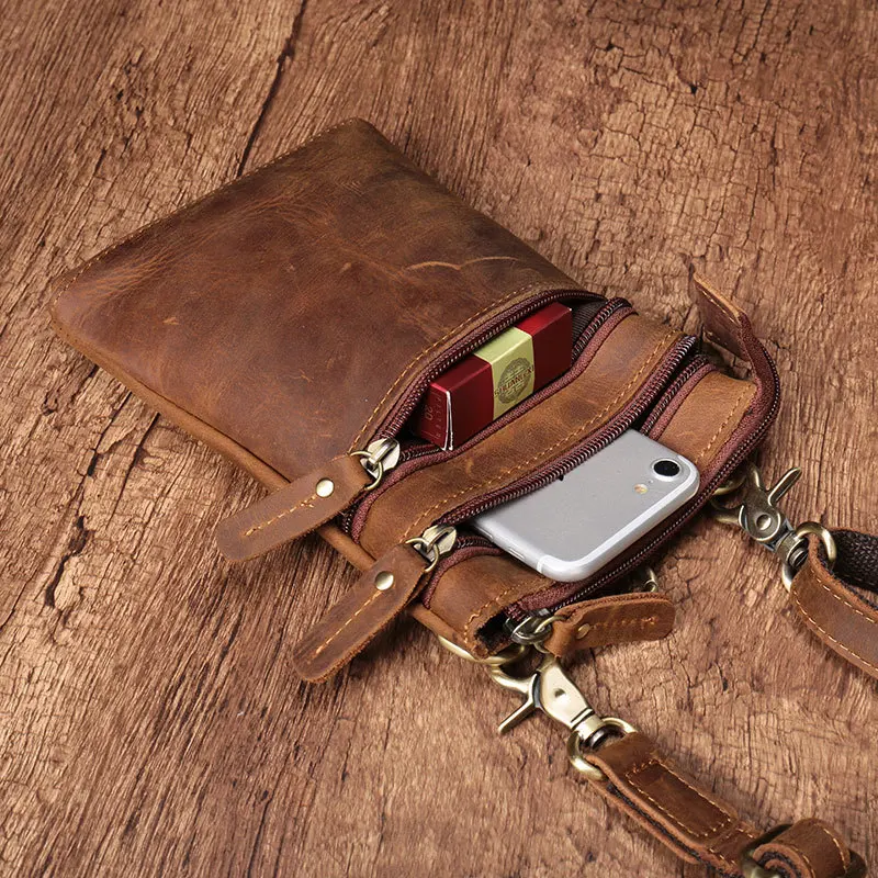 Vintage Style Men's Crossbody Bag Leather Waist Bag Multi-Layered Vertical Cowhide Single Shoulder Small Bag for Youth Casual