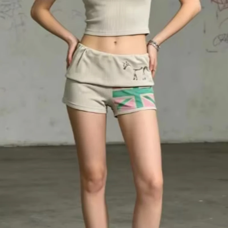 Y2K Ribbed Fold Over Waist Slim Shorts Unicorn Union Jack Pattern Print Low Rise Shorts Vintage Leisure Street Women's Clothes