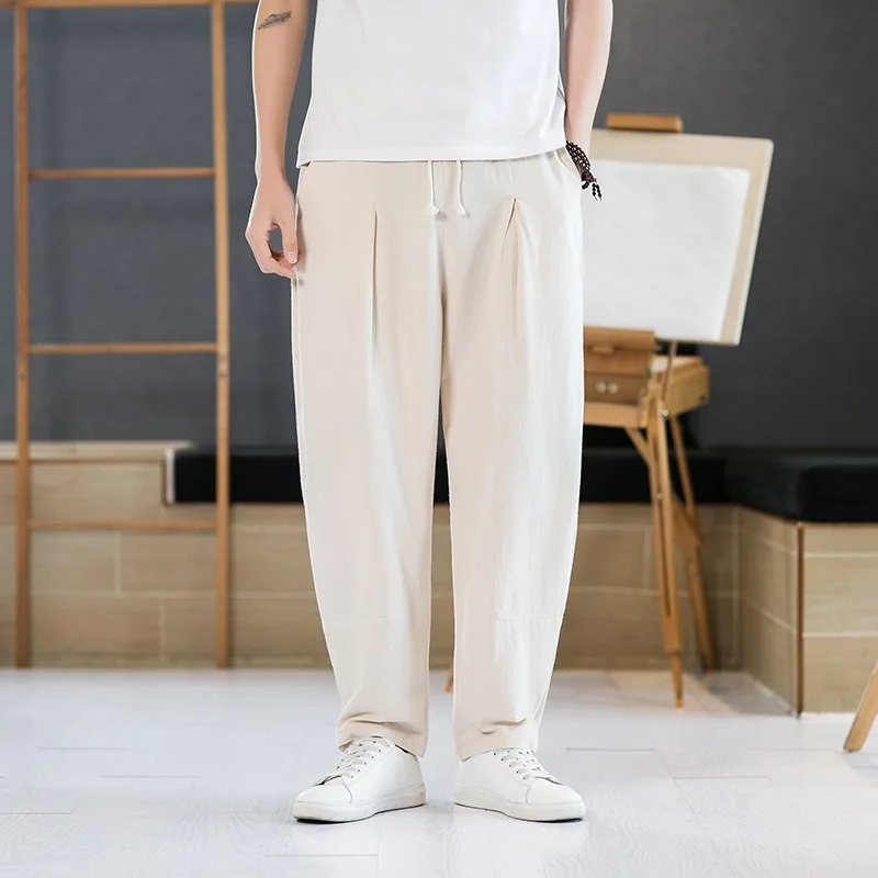 Casual Pants for Men and Young People in Large Chinese Style Loose Solid Color Pants, Linen Sports Harlan Pants