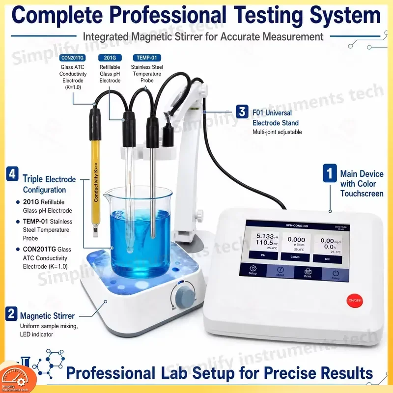Desktop Multi Parameter Water Quality Tester pH EC DO Meter Touch Screen 10000 Data Storage Lab Aquarium Pool Hydroponics