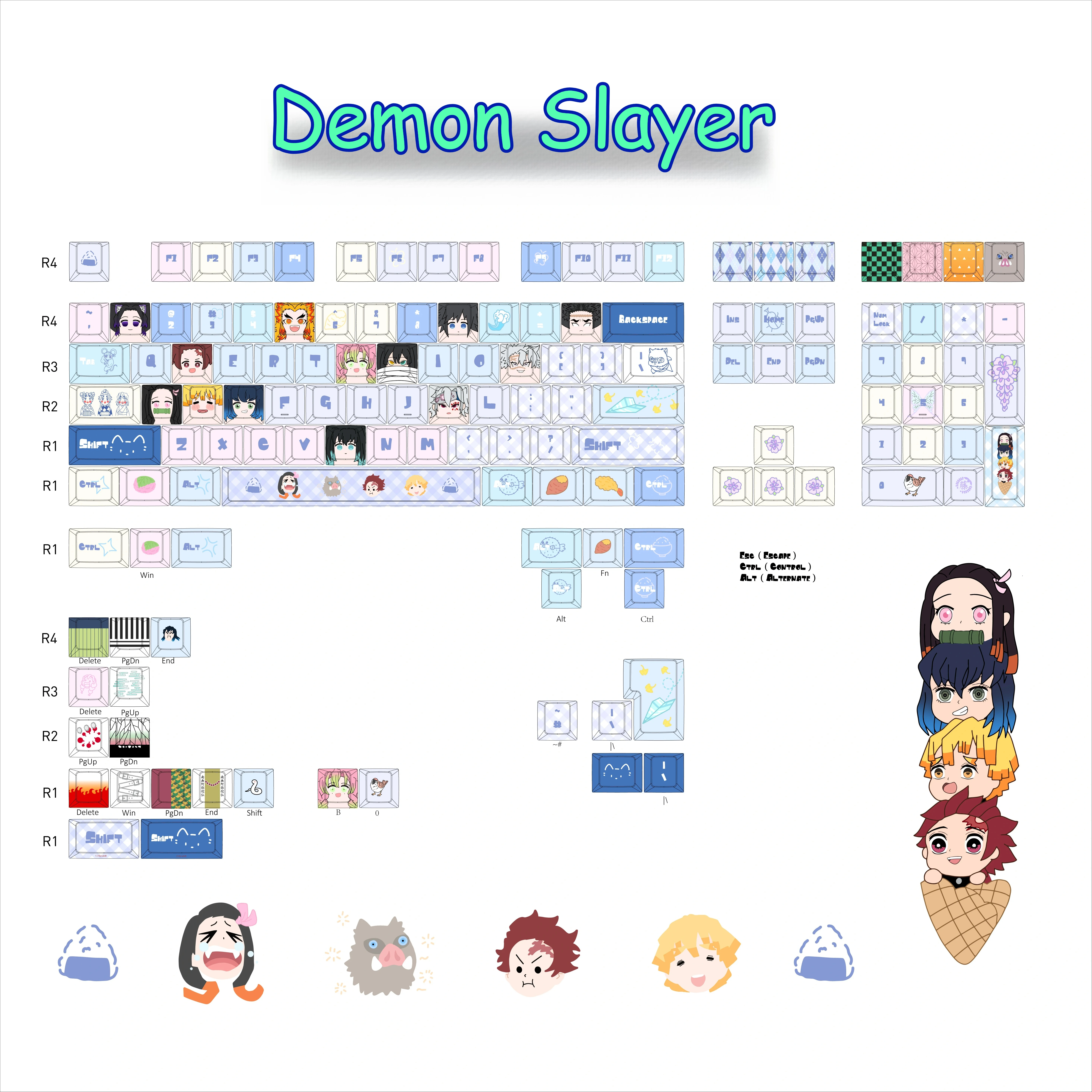 

130-клавишные колпачки для ключей Demon Slayer, боковые прозрачные колпачки для ключей в стиле аниме, двумерная анимация, ПБТ, пятисторонняя сублимационная колпачок для клавиатуры