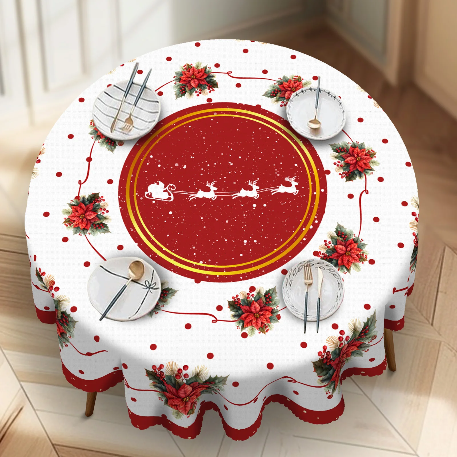 1 peça, toalha de mesa com ramo de fita vermelha Feliz Natal, toalha de mesa com alce e Papai Noel, toalha de mesa de férias, decoração